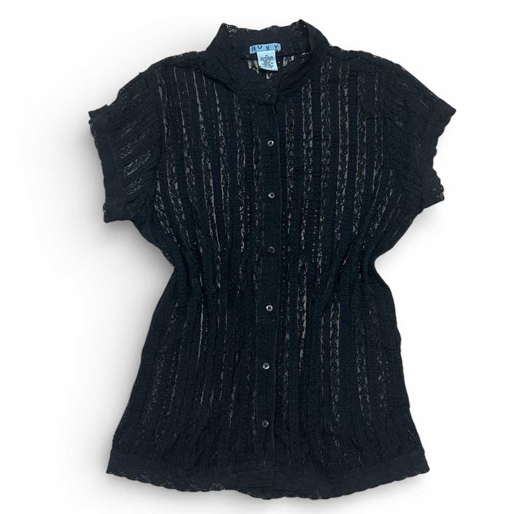 Roxy Black Sheer Lace Gothic shortsleeved Y2K Grunge fairy button up MEDIUM